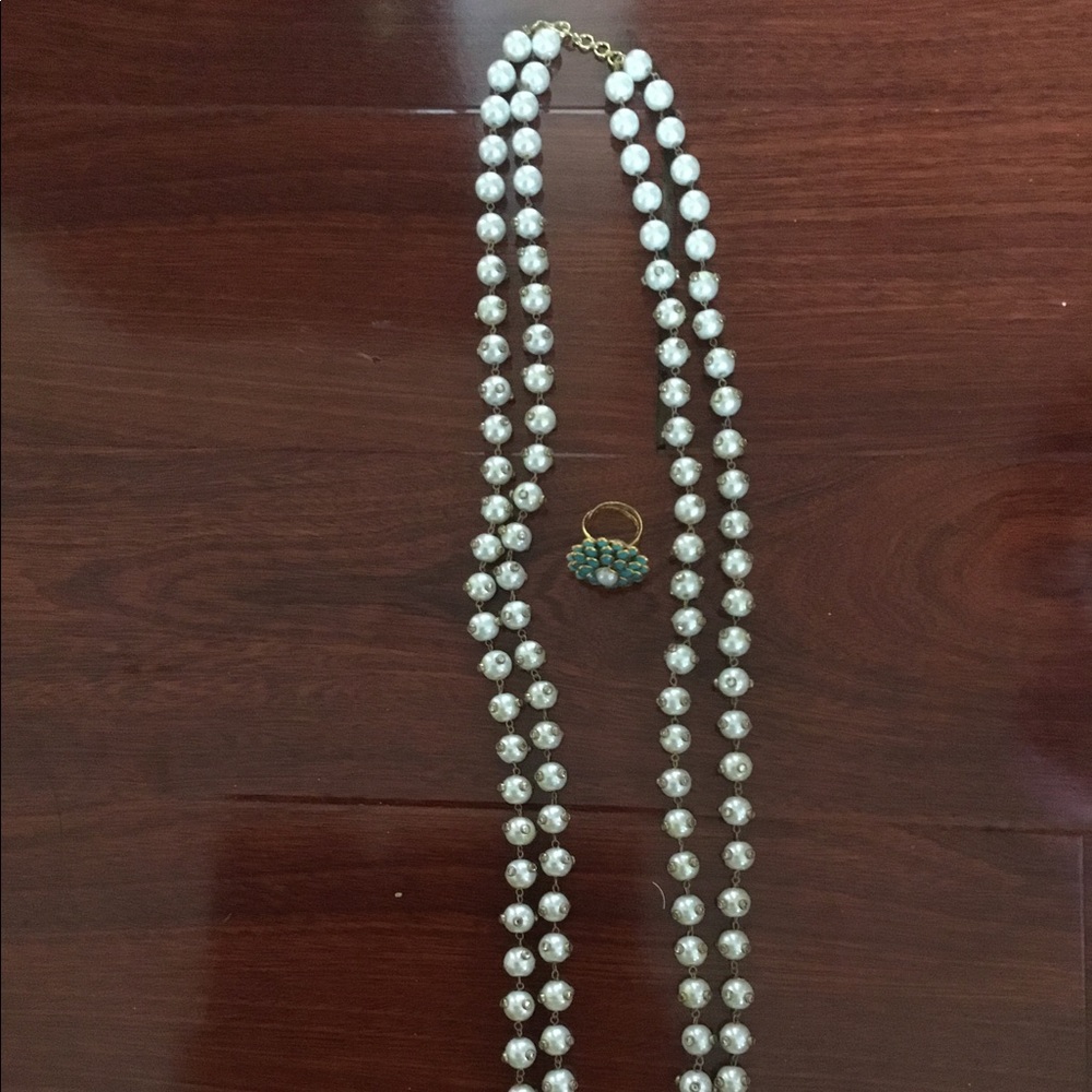 Double Layered Pearl Necklace & Pearl Flower Ring